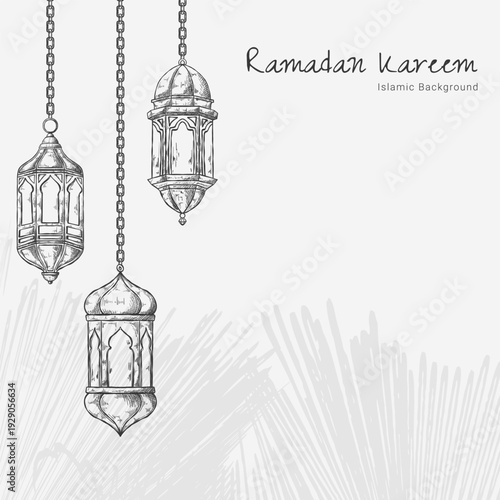 Ramadan Hand drawn lantern Background. Doodle islamic Lantern Ramadan. Arabic Lantern Background.
