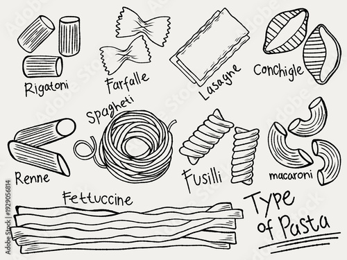 Set of pasta Doodle Illustration. Type of italian pasta hand drawn collection. rigatoni, farfalle, lasagne, conchiglie, renne, spaghetti, fusilli, macaroni, fettuccine