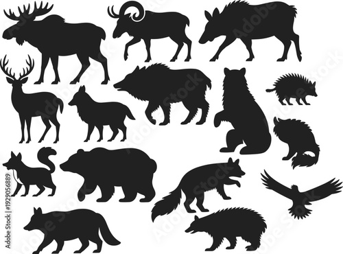 Wild animal silhouettes set featuring deer moose bear wolf fox boar eagle forest wildlife vector illustration collection black isolated icons