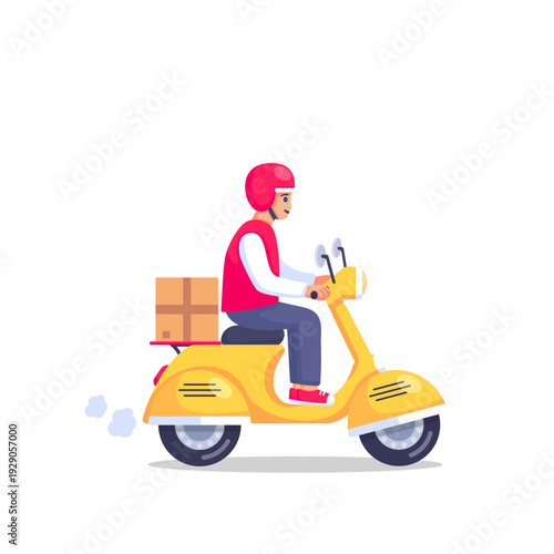 Fast Delivery Courier Riding Scooter with Package Box Flat Vector Illustration