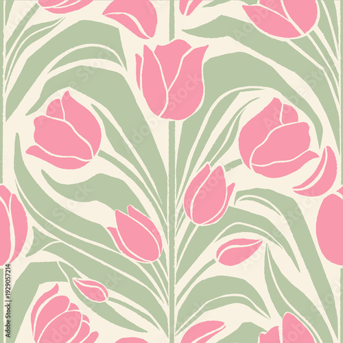 Vintage Tulip Seamless Pattern Background – Retro Floral Botanical Wallpaper Design for Textile, Fabric and Surface Print, Spring Flower Repeat Pattern