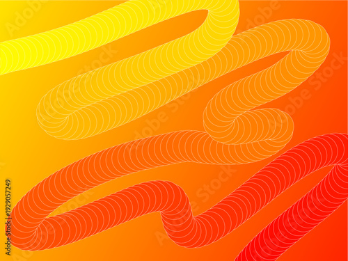 Abstract 3d liquid wave tubes on warm orange gradient color background. Concept of retro 70s geometric design