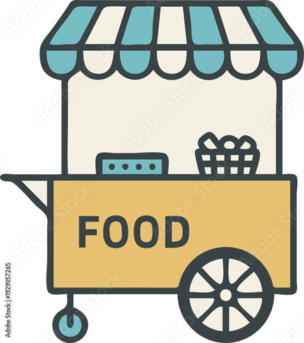 Street food cart flat design vector illustration with awning and basket isolated