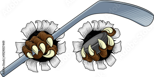 An ice hockey claw sports illustration of an eagle or animal monster hand holding a hockey stick and puck