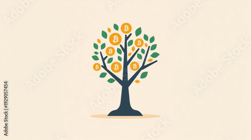 Vector Illustration Bitcoin Tree. Bitcoin Investment. Bitcoin Yields