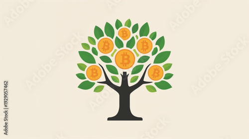 Vector Illustration Bitcoin Tree. Bitcoin Investment. Bitcoin Yields