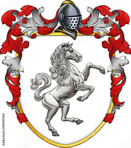 A horse coat of arms or crest family heraldry medieval heraldic knight shield with helmet and acanthus filigree scroll ornament in a vintage woodcut style.