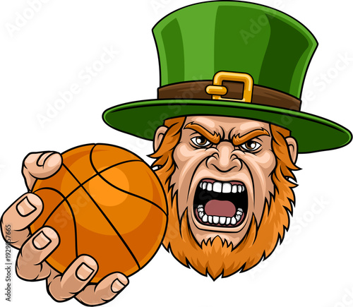 An angry Leprechaun Celtic Irish cartoon character holding Basketball ball sports team mascot illustration.