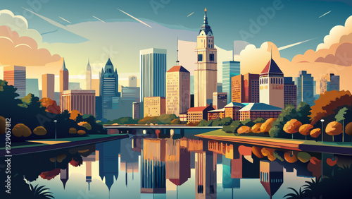 Very beautiful panoramic view of Philadelphia skyline mirrored along the Schuylkill River, modern towers rising behind peaceful waters, blending contemporary architecture with natural riverfront scene