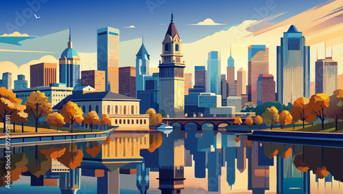 Very beautiful panoramic view of Philadelphia skyline mirrored along the Schuylkill River, modern towers rising behind peaceful waters, blending contemporary architecture with natural riverfront scene