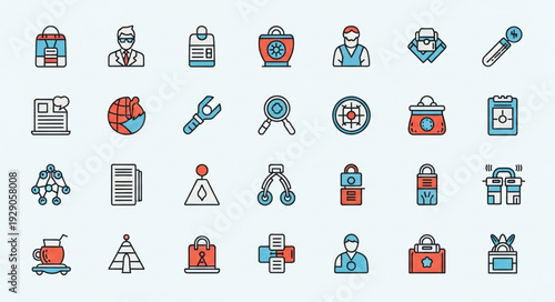 Collection of various colorful icons representing different professions and tools for work.