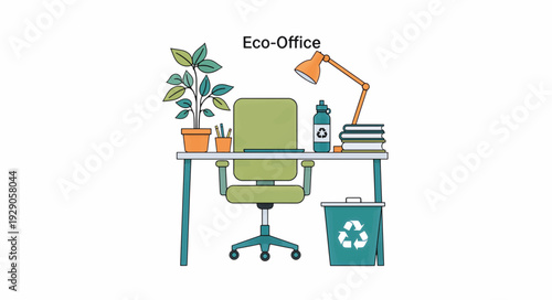 Eco-office workspace with green chair and recycling bin. Sustainable lifestyle and environmental responsibility concept. Flat design vector illustration