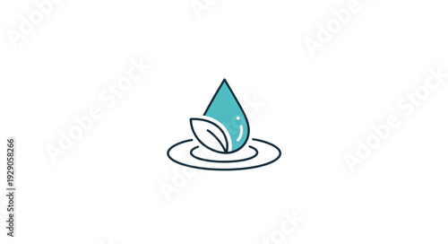 Water conservation and natural resources vector illustration. Minimalist line art icon of water drop with leaf. Isolated on white background