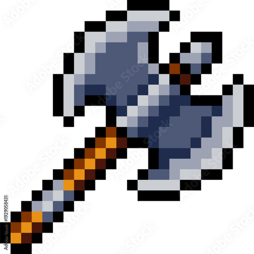 Pixel art battle axe icon in retro 8 bit style. Fantasy video game warrior weapon item with steel blade and wooden handle. RPG combat asset for UI, inventory systems and medieval video game design
