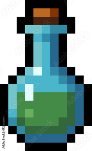 Pixel art health potion icon in retro 8 bit style. Fantasy video game consumable item with glass bottle and green liquid. RPG healing asset for UI, inventory systems and adventure video game use.
