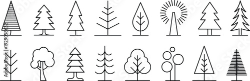 Minimal line tree icons set, modern forest symbols collection, abstract nature elements, outline woodland graphics, eco design vector illustration