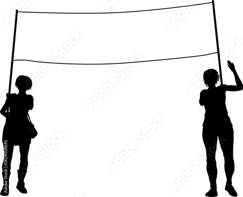 Two protestors or demonstrators at a demonstration march, picket line or strike protest rally in silhouette. Holding up a banner sign.