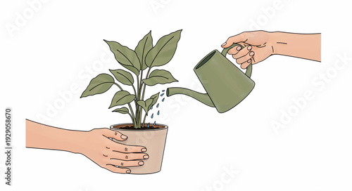 Hands watering potted plant with can. Home gardening and nature care concept. Minimalist flat vector illustration
