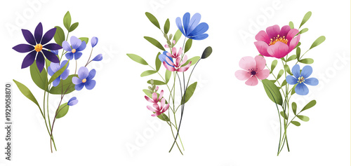Set flowers hand painting, floral vintage bouquets, illustration with wildflowers and leaves. Decoration for poster, greeting card, birthday, wedding design. Isolated on white background.