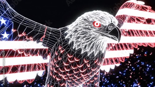 Dynamic abstract eagle emblem with USA flag texture spreads wings and emits glowing light beam against dark background showing patriotic motion graphic