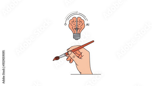 AI assistance in creativity concept. Hand holding paintbrush creating a brain lightbulb. Minimalist vector illustration