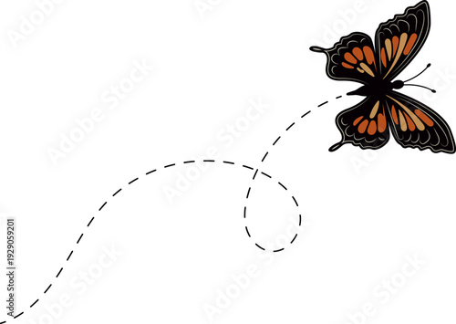 Butterfly flying path. A Butterfly flying in a dotted line. The flight path of Butterfly. Butterfly flying on a dotted route. Hand drawn moth. Spring and summer Vector illustration.