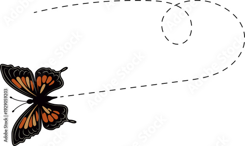 Butterfly flying path. A Butterfly flying in a dotted line. The flight path of Butterfly. Butterfly flying on a dotted route. Hand drawn moth. Spring and summer Vector illustration.