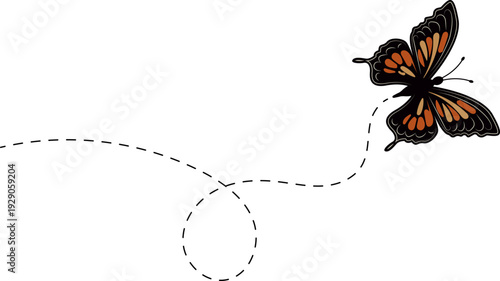 Butterfly flying path. A Butterfly flying in a dotted line. The flight path of Butterfly. Butterfly flying on a dotted route. Hand drawn moth. Spring and summer Vector illustration.