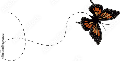 Butterfly flying path. A Butterfly flying in a dotted line. The flight path of Butterfly. Butterfly flying on a dotted route. Hand drawn moth. Spring and summer Vector illustration.