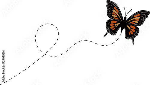Butterfly flying path. A Butterfly flying in a dotted line. The flight path of Butterfly. Butterfly flying on a dotted route. Hand drawn moth. Spring and summer Vector illustration.