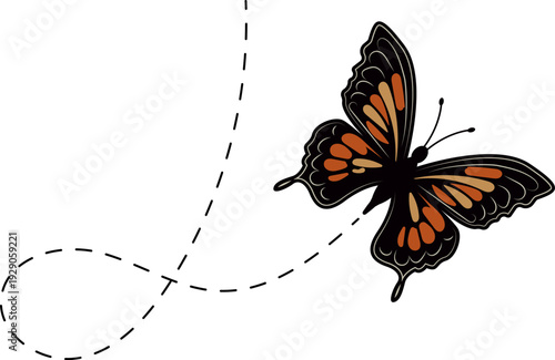Butterfly flying path. A Butterfly flying in a dotted line. The flight path of Butterfly. Butterfly flying on a dotted route. Hand drawn moth. Spring and summer Vector illustration.