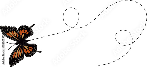 Butterfly flying path. A Butterfly flying in a dotted line. The flight path of Butterfly. Butterfly flying on a dotted route. Hand drawn moth. Spring and summer Vector illustration.