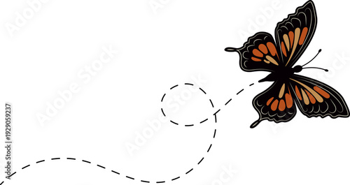 Butterfly flying path. A Butterfly flying in a dotted line. The flight path of Butterfly. Butterfly flying on a dotted route. Hand drawn moth. Spring and summer Vector illustration.