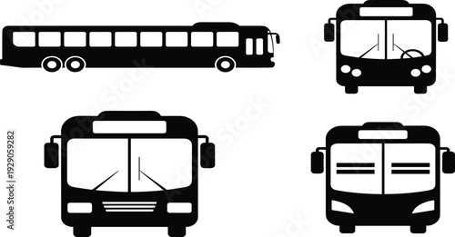 Black bus silhouette collection featuring side and front view icons for city public transportation, urban transit travel, and passenger vehicle.