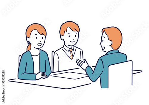 三者面談をする教師と親子のイラスト