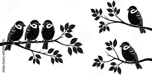 Black bird silhouettes sitting on leafy tree branches, sparrow or chickadee icons in various poses, isolated on a white background.