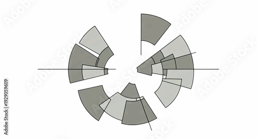 Abstract radial circular segments. Monochromatic geometric vector illustration. Fragmented circle wedges for data visualization and infographics
