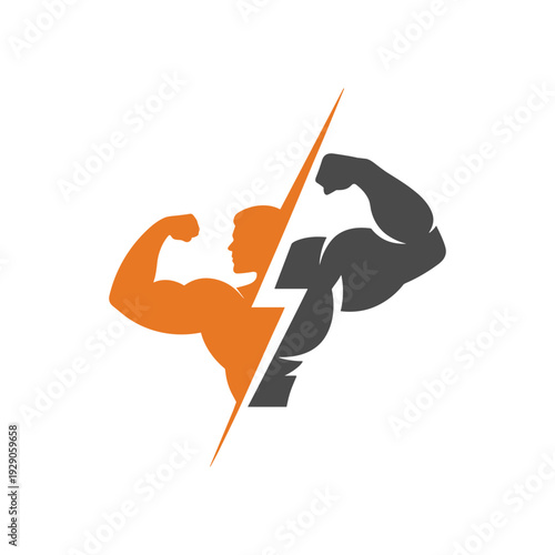 Split design of two flexing muscular men in contrasting orange and dark grey