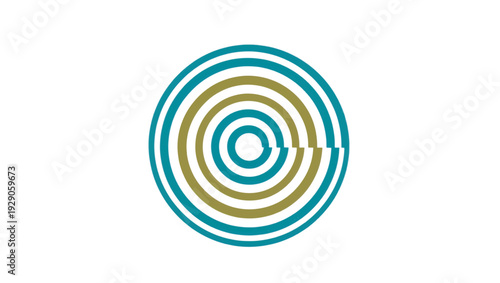 Abstract geometric circle with concentric rings. Glitch effect vector illustration. Minimalist teal and olive green design element isolated on white background