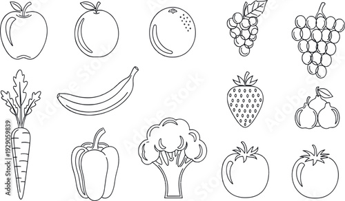 Print Minimalist Fresh Fruits and Vegetables Line Icon Set Featuring Organic Apple Orange Banana Grapes Strawberry and Garden Produce