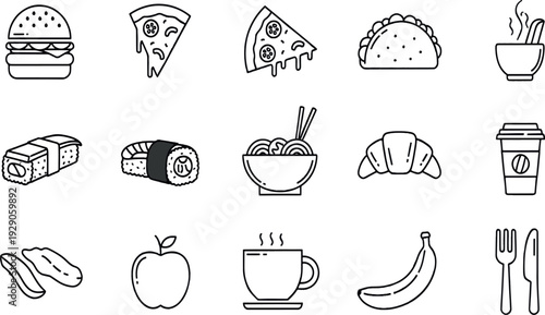 Print Comprehensive Global Food and Cuisine Icon Set Featuring Fast Food Favorites Asian Dishes Bakery Items and Daily Healthy Snacks