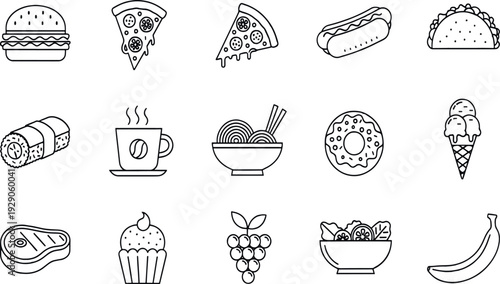 Print Diverse Fast Food and International Cuisine Line Icon Set Featuring Burger Pizza Tacos Sushi Coffee and Sweet Desserts