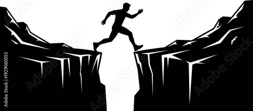 Silhouette of a person jumping over a cliff edge in a dramatic landscape