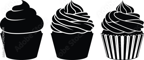 Black cupcake silhouette collection with swirl frosting and muffin paper liners for bakery menu design, sweet dessert icons, vector graphics.