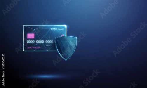 3d neon bank card with shield. Financial security, fraud protection, secure payments, transaction encryption, online payment protection, fintech cybersecurity concept