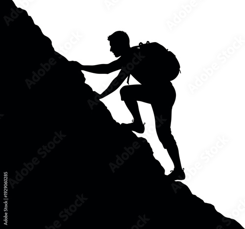 Silhouette of a person climbing a steep mountain with a backpack