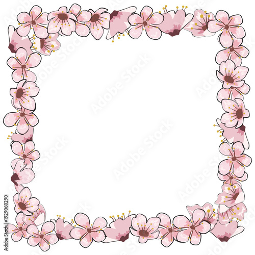 Spring border frame blooming flowers branch Sakura cherry