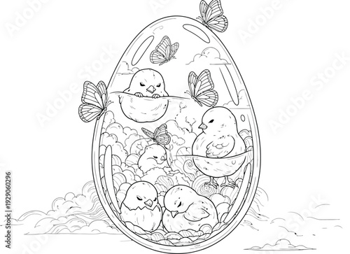 Delightful black and white illustration showing baby chicks and beautiful butterflies residing peacefully inside a large decorative egg surrounded by fluffy clouds.