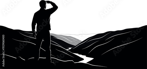 Silhouette of a person standing on a hill looking out at a scenic view