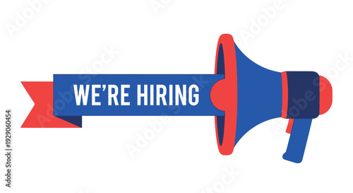 A blue and red megaphone graphic announces we re hiring on a ribbon